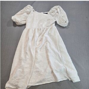 Mikarose White Puff Sleeve Textured Swiss Dot Modest Dress Small Square Neck